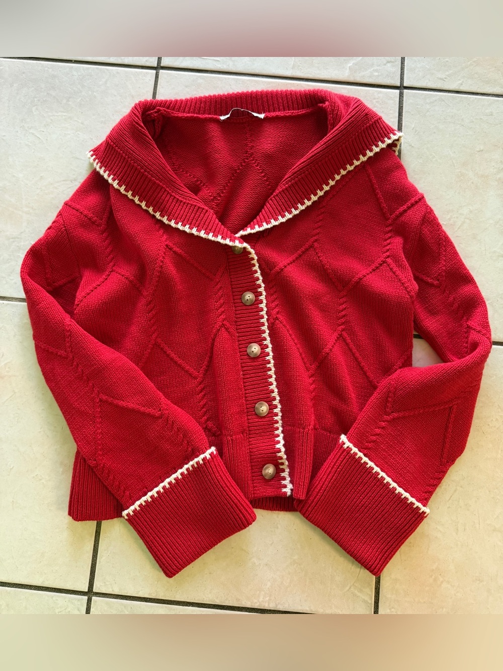 Abercrombie & Fitch Red Knit Button-Front Cardigan with Cream Trim